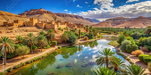 Wide-angle view of desert oasis in the mountains of Ouarzazate Morocco photo