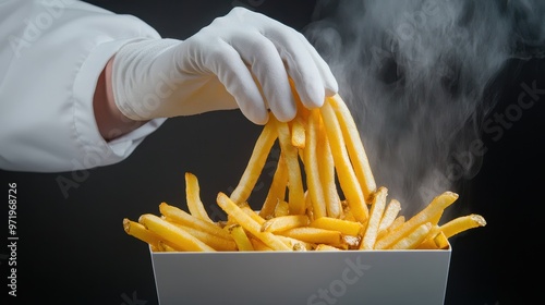 Fast food worker frying a batch of fries, golden and crispy, freshly lifted from the oil, with steam rising photo