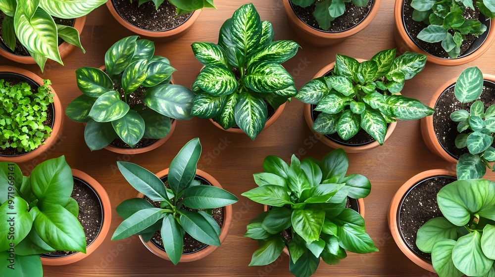A variety of lush green plants arranged in terracotta pots, showcasing diverse leaves and vibrant colors. A variety of lush green plants arranged in terracotta pots, showcasing diverse leaves and vibrant colors.