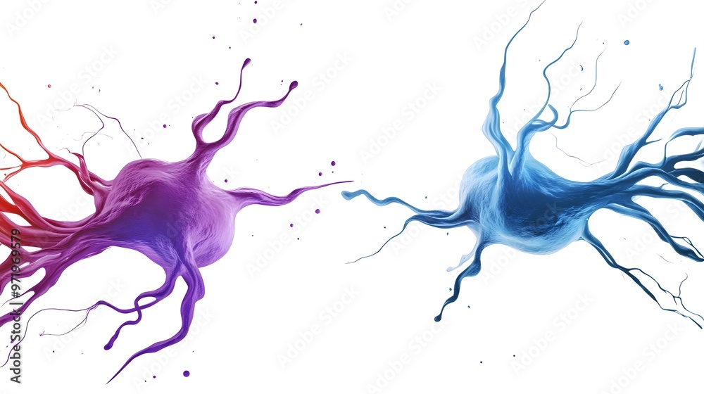 Abstract art depicting vibrant purple and blue shapes resembling neuron cells, symbolizing creativity and innovation. Abstract art depicting vibrant purple and blue shapes resembling neuron cells, symbolizing creativity and innovation.
