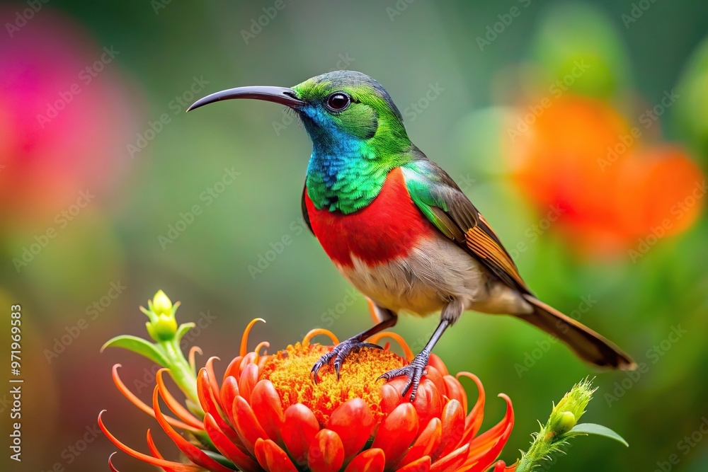 Fototapeta premium Wild Greater Double Collared Sunbird standing next to red flower fisheye