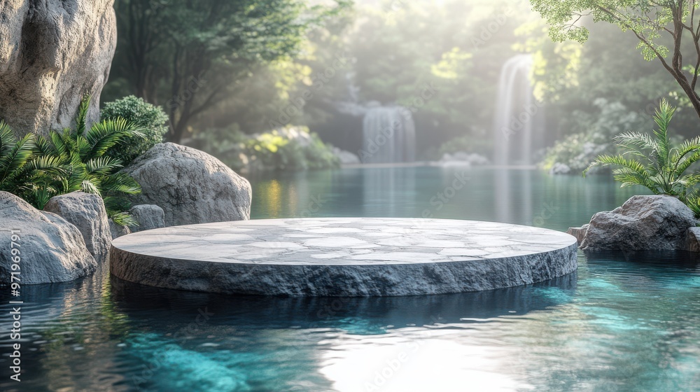 Naklejka premium abstract scene for product presentation white an gol cobblestone podium an rock platform tropical leaves an reflection in the water modern minimal background