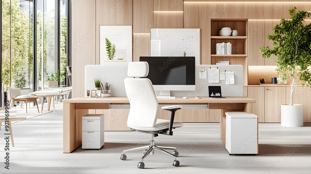 Fototapeta premium Modern Office Interior Design with Wooden Desk and White Chair.
