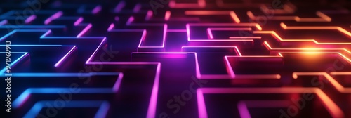 A captivating 3D abstract neon maze with glowing paths representing challenges, choices, and pathways to success. The vibrant colors symbolize energy, innovation, and the pursuit of knowledge. photo