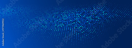 Glowing blue dotted wallpaper. Abstract curved round dot grid texture. Circle halftone pattern background. Dark navy backdrop for technology, business, science, healthcare, medicine design. Vector