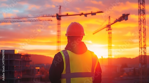 Construction worker watches sunset with cranes in the background, symbolizing progress and the beauty of urban development. photo