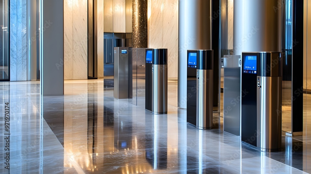 Modern lobby view with stylish entry barriers and reflective marble floor, showcasing elegance and minimalistic design. Modern lobby view with stylish entry barriers and reflective marble floor, showcasing elegance and minimalistic design.