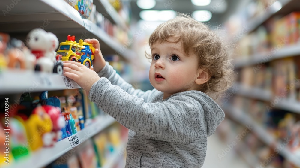 child reaching for a toy on a shelf in a toy store child reaching for a toy on a shelf in a toy store