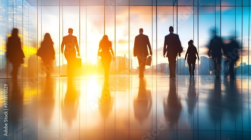 Silhouetted businesspeople walking towards the sunset, symbolizing ambition and teamwork in a modern office environment. photo