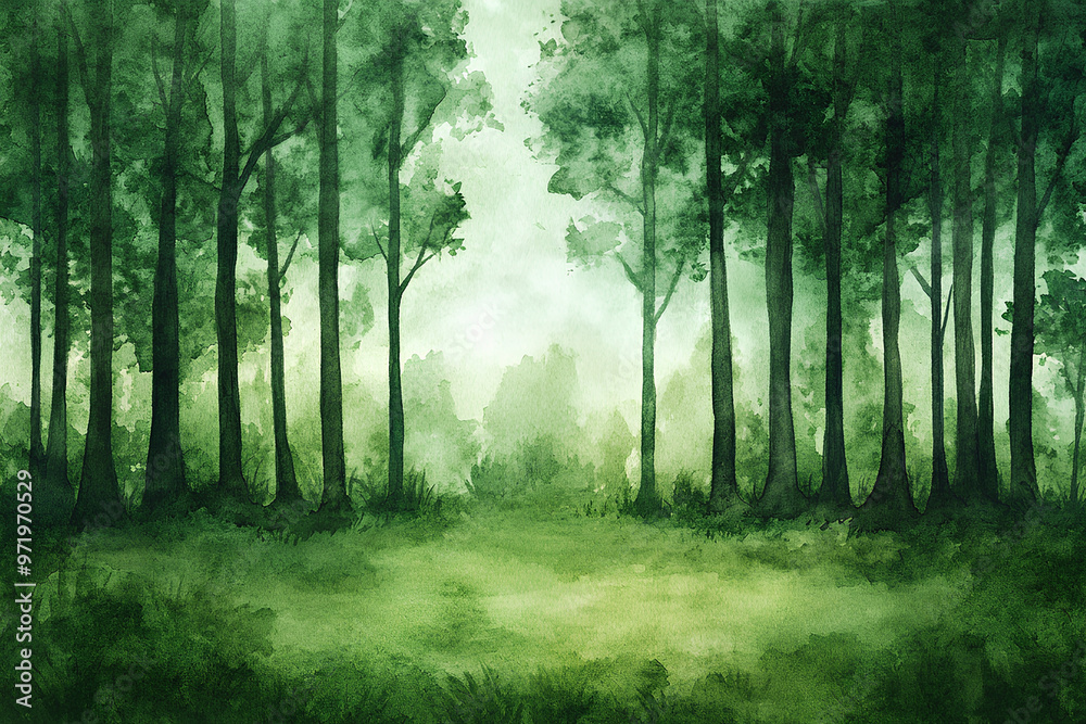 Fototapeta premium A serene forest scene with tall trees and a misty atmosphere.