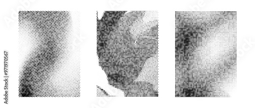 Black and white grunge halftone gradient collection. Gritty sand noise texture set. Retro dotted pixel backdrop pack. Comic polka dot overlay with grain effect for banner, poster, flyer. Vector