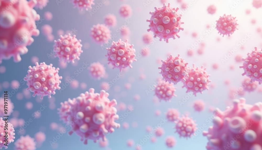 Vibrant pink virus particles floating in a blue background Vibrant pink virus particles floating in a blue background