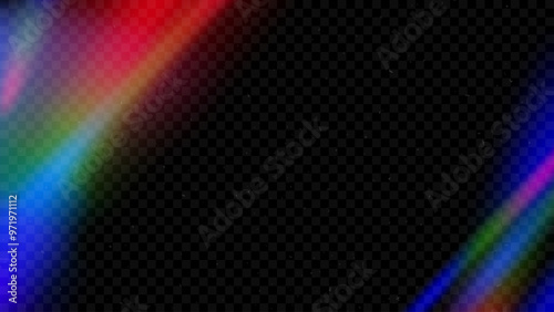 Rainbow light leak effect background. Burnt retro film bokeh overlay. Old aged photo filter template. Prism lens flare texture backdrop. Fade blur gradient photography wallpaper. Vector