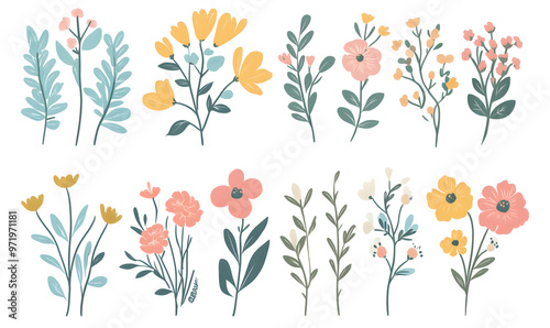 2D illustrator doodle-style floral and leaf graphics on a white background or wallpaper photo