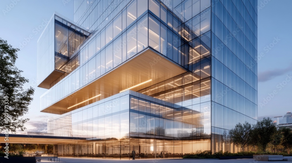 Fototapeta premium Modern office building with sleek glass exterior and open-air terraces
