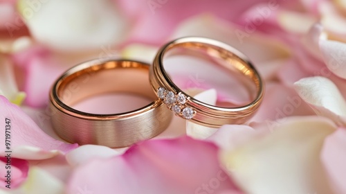 Two gold wedding rings resting on a rose petal-strewn background