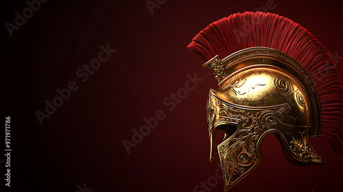 An ornate golden helmet with a red crest in ancient Greek style belonging to the war god Ares