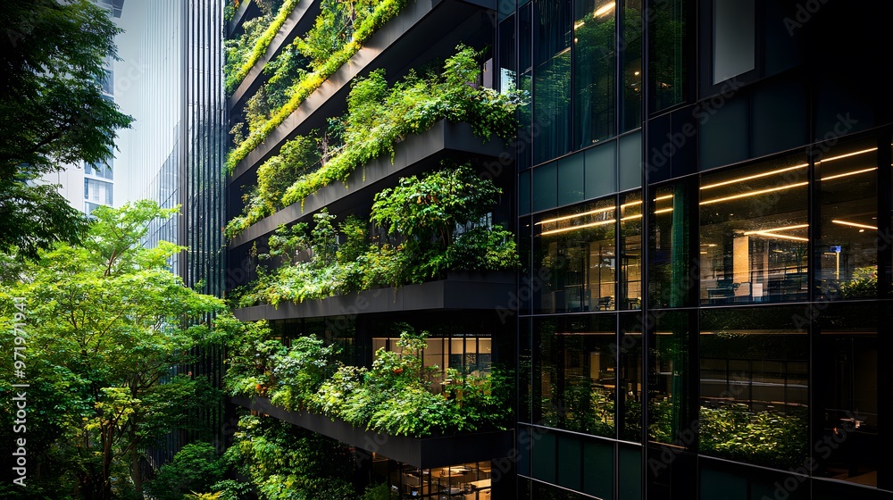 Green Facade on a Modern Building with Glass Windows Green Facade on a Modern Building with Glass Windows