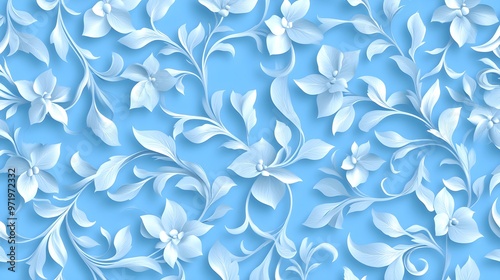 Wallpaper Mural Elegant lace pattern with swirling lines, white on pale blue, seamless design, intricate details, minimalist, subtle texture, vector illustration. Torontodigital.ca