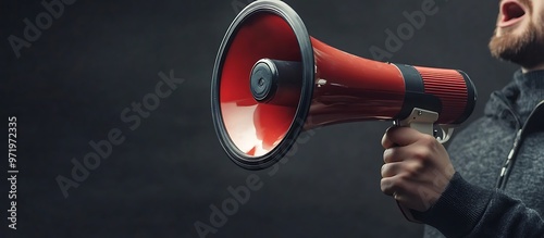 A man with a beard holds a red megaphone with his mouth open and a determined look on his face.