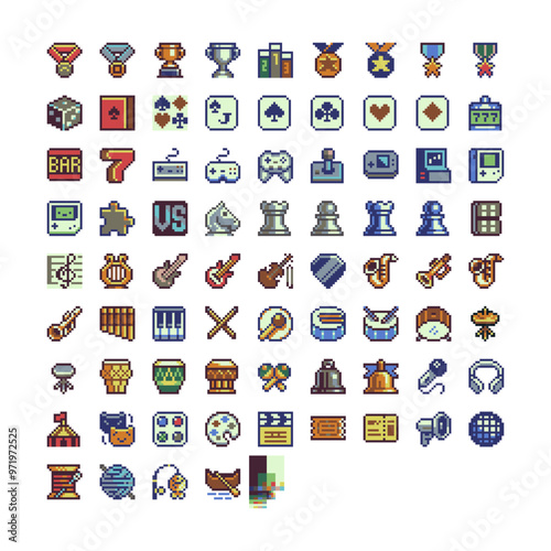 Pixel art sport app icons big set, game board activity emoji. 8-bit sprite. Design for logo, sticker, web, mobile app, badges and patches. Isolated vector illustration. Game assets.