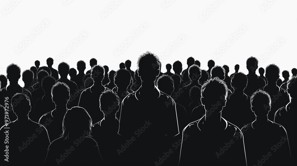 Obraz premium Silhouettes of a large group of people standing together, symbolizing unity, diversity, and community. The figures are shown in black against a white background, creating a striking visual contrast