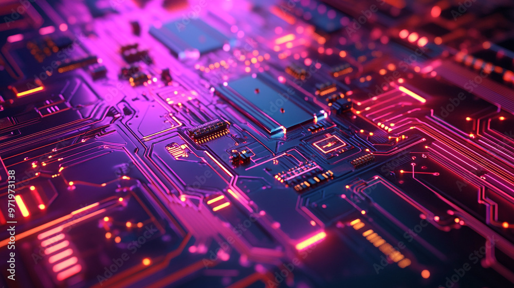 Vibrant illustration of a futuristic circuit board illuminated with colorful lights Vibrant illustration of a futuristic circuit board illuminated with colorful lights
