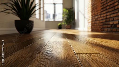 A close-up shot of modern apartment hardwood flooring with natural light streaming in from windows. The warm, inviting tones of the wood are accentuated by the sunlight, creating a sense of spaciousne photo