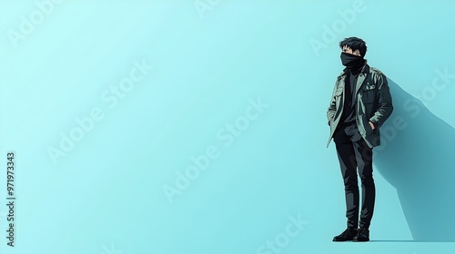 Minimalist Disguise - Covert Operative in Business Casual Outfit on Plain Blue Background