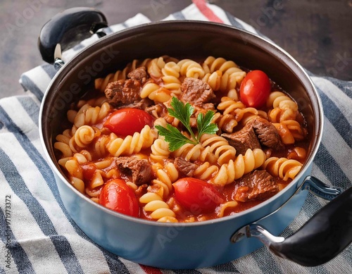 american chop suey, american goulash, with elbow pasta, beef and tomatoes close up in a saucepan. photo