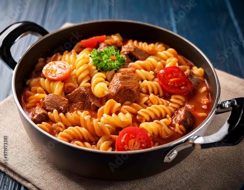 american chop suey, american goulash, with elbow pasta, beef and tomatoes close up in a saucepan. photo