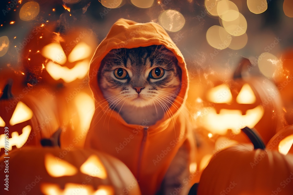 Naklejka premium A cat is wearing an orange hoodie and standing in front of a pile of pumpkins