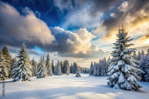 Winter snow covered landscape with pine trees under a cloudy sky with shallow depth of field photo