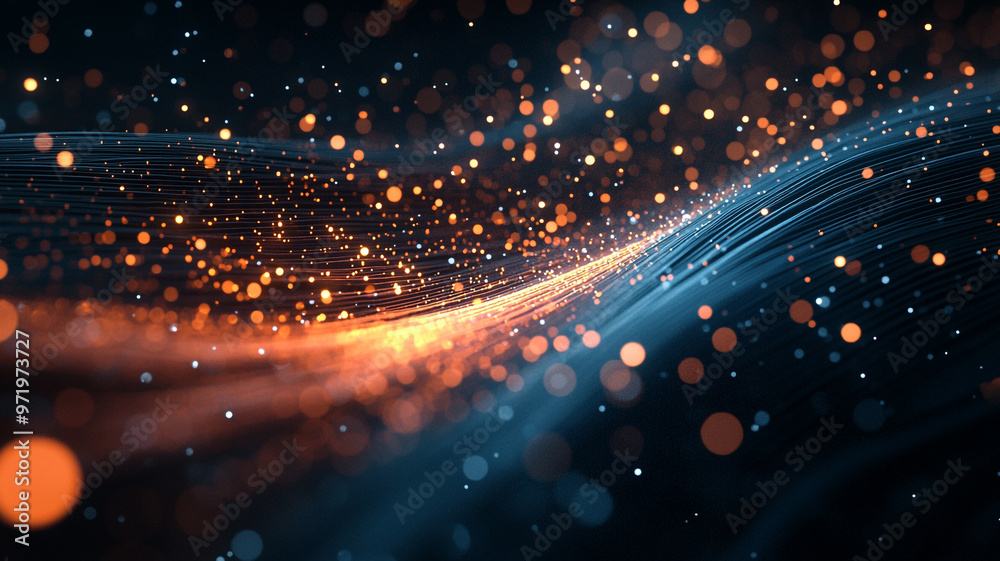 Abstract illustration of flowing lines and glowing particles in a vibrant night setting Abstract illustration of flowing lines and glowing particles in a vibrant night setting