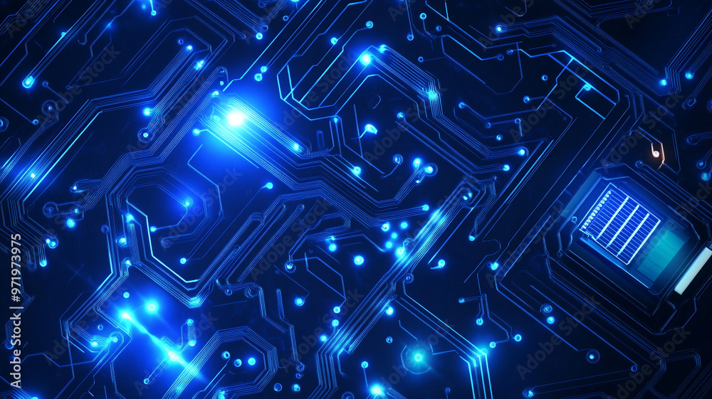 Obraz premium Abstract illustration of a circuit board with glowing blue lights and intricate patterns at night