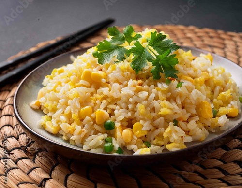 Asian fried rice with eggs, corn and parsley closeup on a plate photo