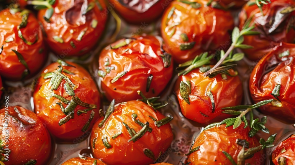 Close-Up of Roasted Cherry Tomatoes with Herbs in a Baking Dish on Rustic Background