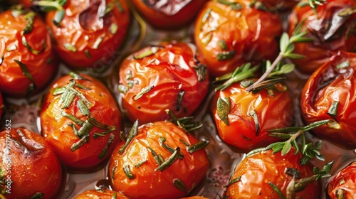 Close-Up of Roasted Cherry Tomatoes with Herbs in a Baking Dish on Rustic Background