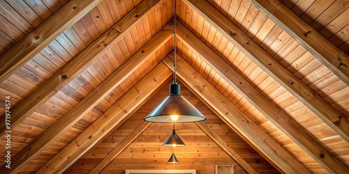 wood lodge interior with triangle ceiling and pendant lights