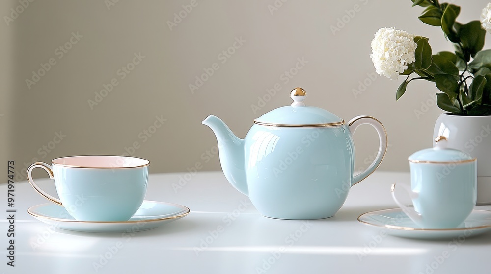A delightful pastel blue tea set with a teapot, cup and saucer, and a small sugar bowl, perfect for a relaxing afternoon tea. The set symbolizes elegance, tranquility, and the enjoyment of a warm beve A delightful pastel blue tea set with a teapot, cup and saucer, and a small sugar bowl, perfect for a relaxing afternoon tea. The set symbolizes elegance, tranquility, and the enjoyment of a warm beve