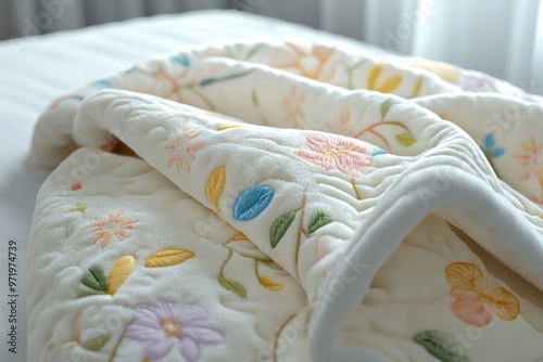 Close-up of a white floral embroidered blanket on a bed