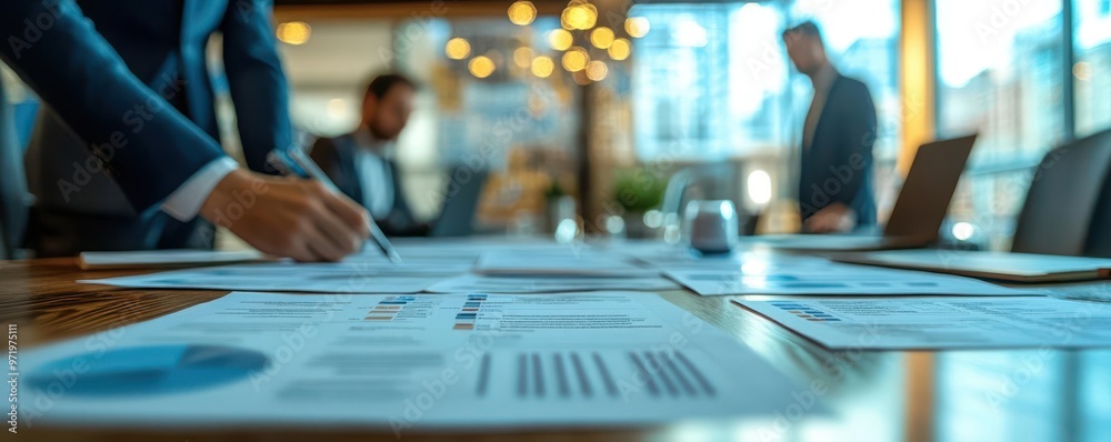 Business leaders in a modern conference room reviewing printed recovery timelines and action plans, recovery timeline, business continuity Business leaders in a modern conference room reviewing printed recovery timelines and action plans, recovery timeline, business continuity