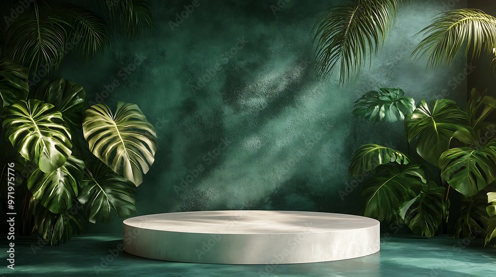 A white pedestal sits in front of a green wall with large tropical leaves.  The pedestal is surrounded by leaves.  Light shines from the right.