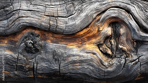 Close-up of a gnarled and weathered wooden surface with a rich, natural texture. photo