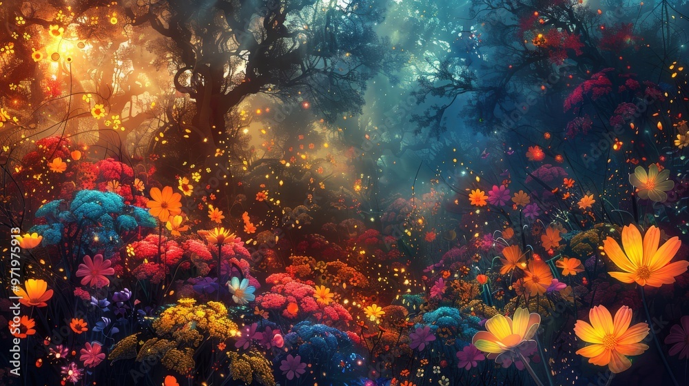 Create a digital artwork of an enchanted forest with psychedelic patterns and magical flowers Create a digital artwork of an enchanted forest with psychedelic patterns and magical flowers