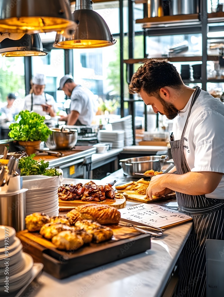 Chef preparing food in a professional kitchen. Chef preparing food in a professional kitchen.