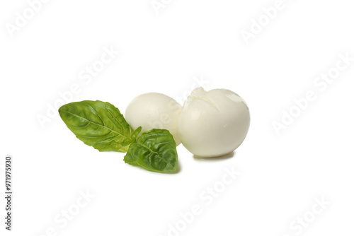 PNG, Two balls of mozzarella cheese and basil, isolated on white background