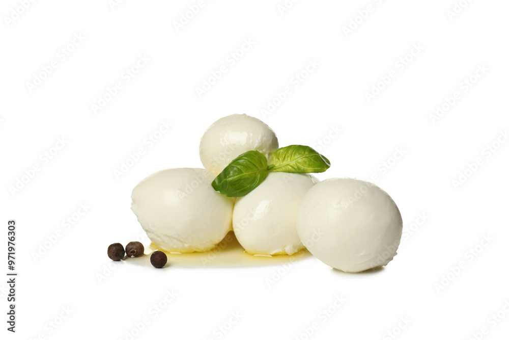 PNG, Mozzarella cheese and basil, isolated on white background PNG, Mozzarella cheese and basil, isolated on white background
