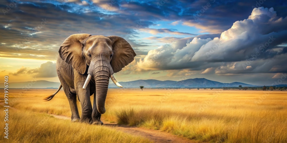 Fototapeta premium Majestic elephant walking through the savannah, wildlife, Africa, nature, tusks, large, powerful, mammal, animal, conservation