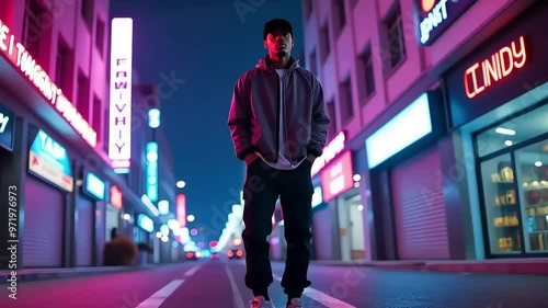 Man in Neon-Lit City Street at Night